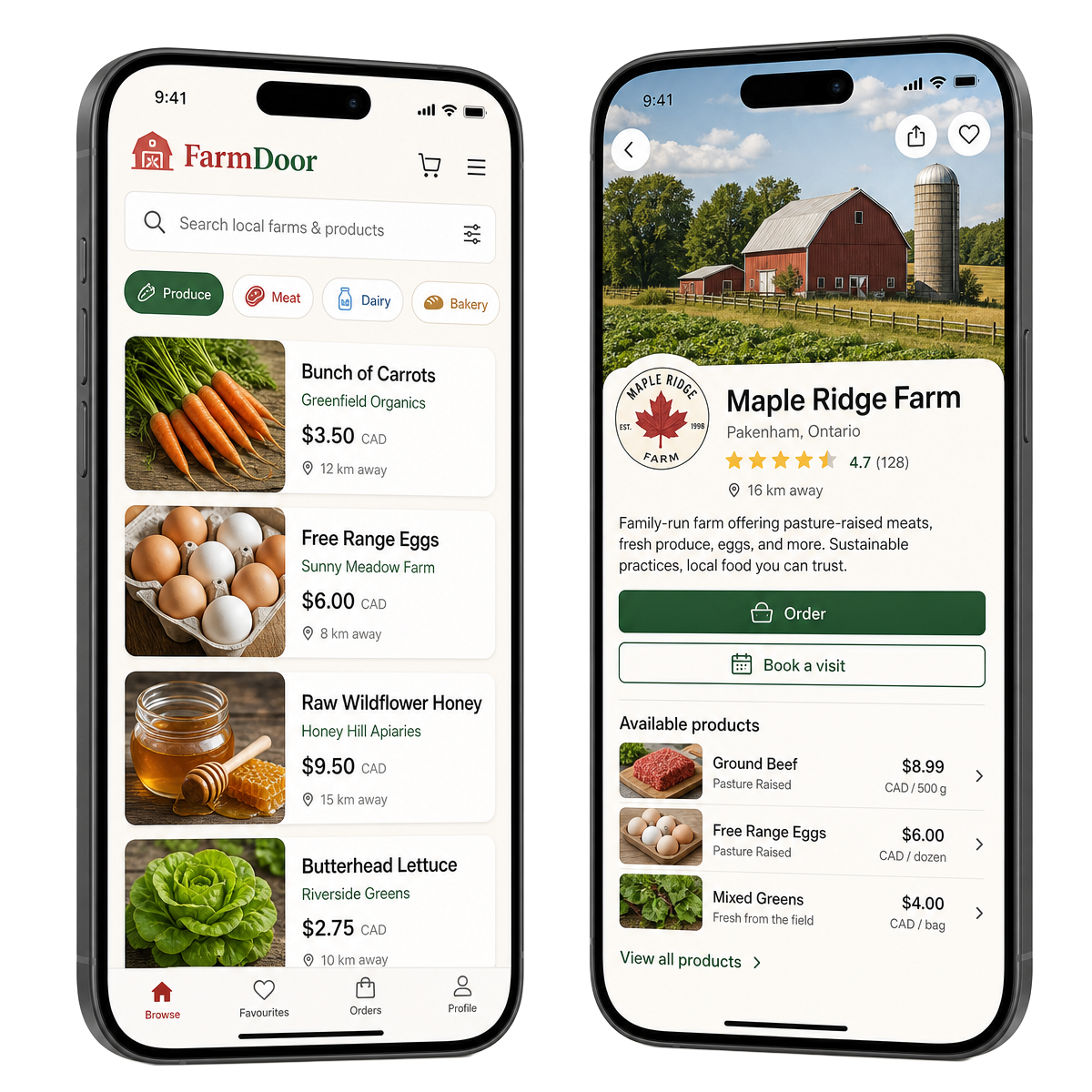 FarmDoor marketplace app on two phones: browsing local farm products and a farm listing page