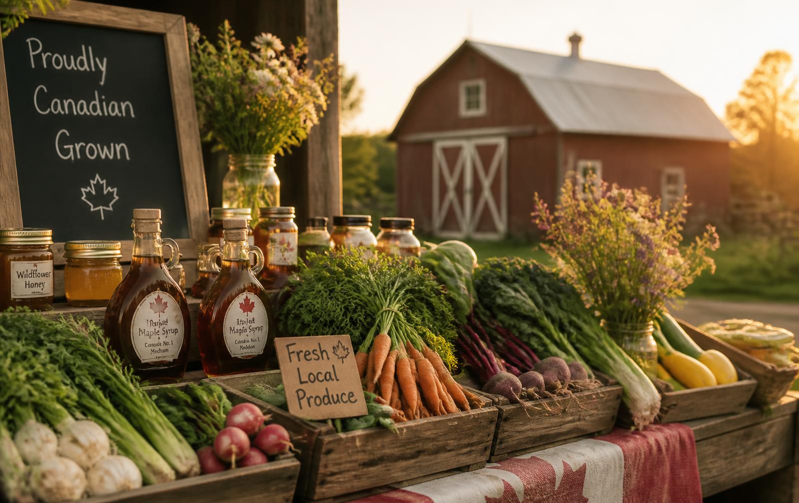 Canadian farm stand with fresh produce, honey and maple syrup at golden hour
